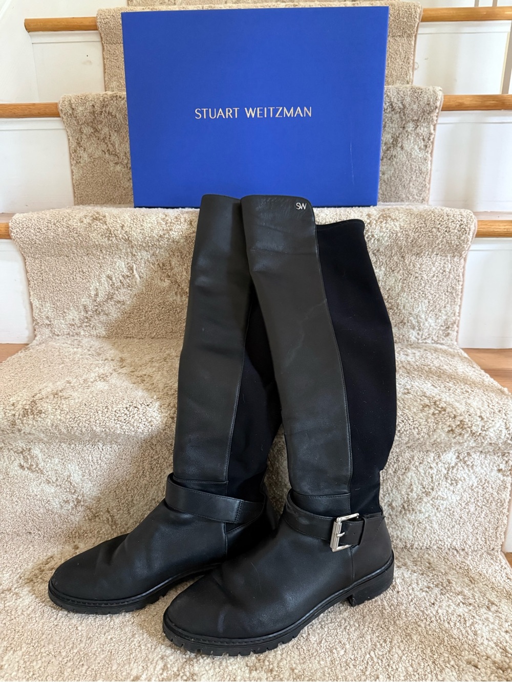 Stuart Weitzman Black Leather and Fabric Knee Boots